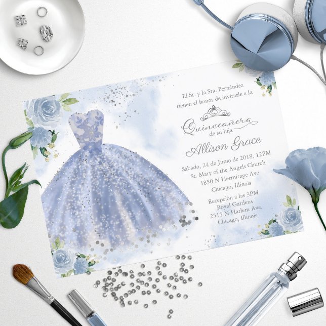 Quinceanera Invitation Spanish Silver Blue Gown
