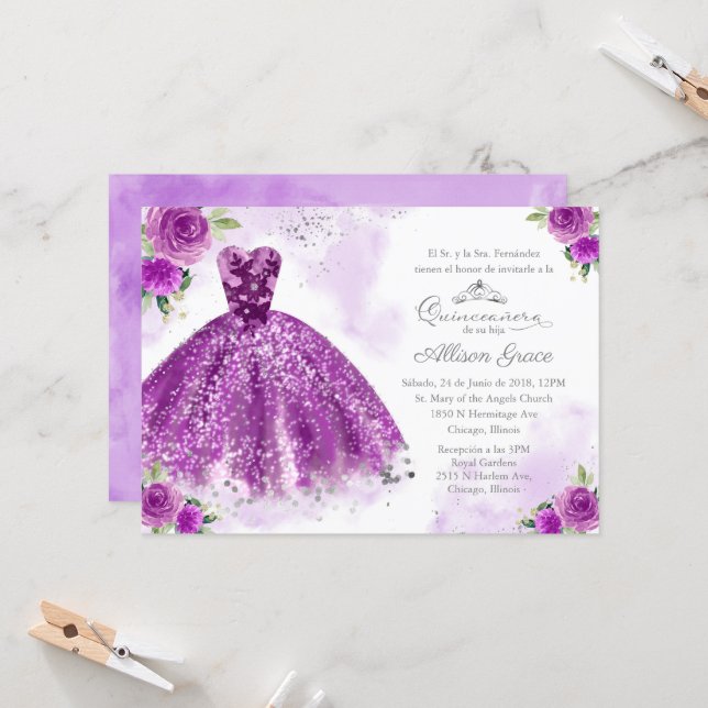 Quinceanera Invitation Spanish Silver Purple Gown (Front/Back In Situ)