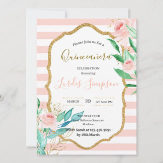  Quinceañera invitation Stripe Floral Pink