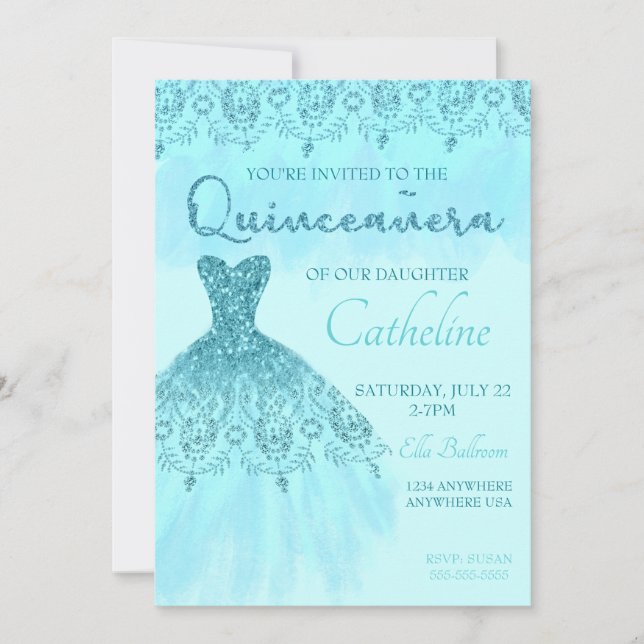 Quinceanera Invitation teal Glitter, 15th birthday (Front)