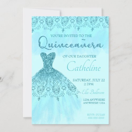 Quinceanera Invitation teal Glitter 15th birthday