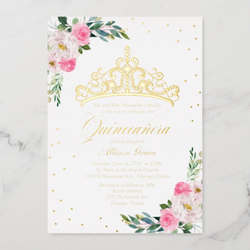 Quinceanera Invitation Tiara Hot Pink Flowers Gold Foil Invitation
