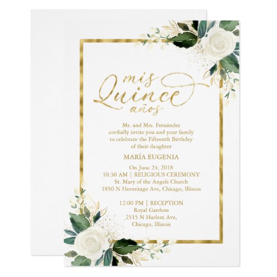 Quinceanera Invitation White Gold Foil Floral