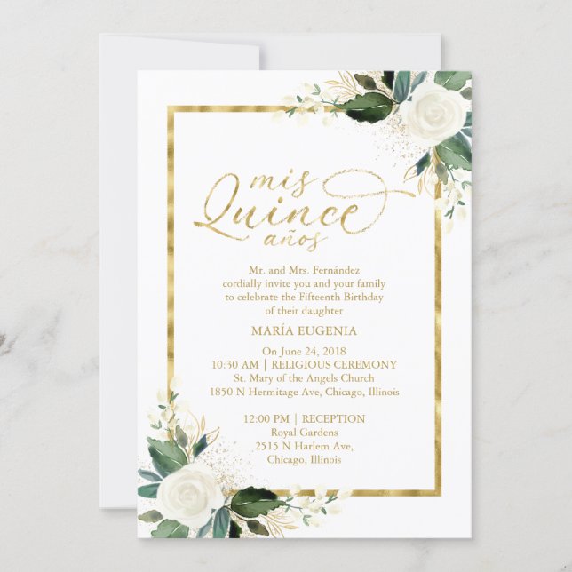 Quinceanera Invitation White Gold Foil Floral