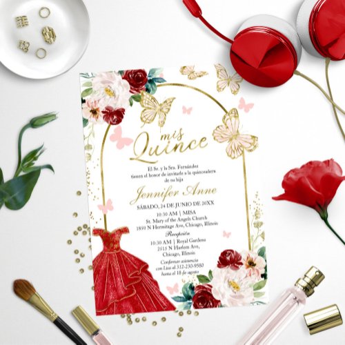 Quinceanera Invitations Butterfly Red Spanish 