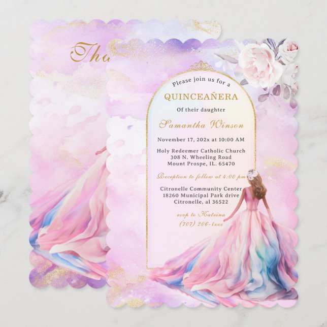 Quinceanera Invitations Pink and Gold (Front/Back)
