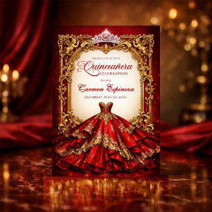 Quinceañera Invitations Red & Gold Royal Ball Gown