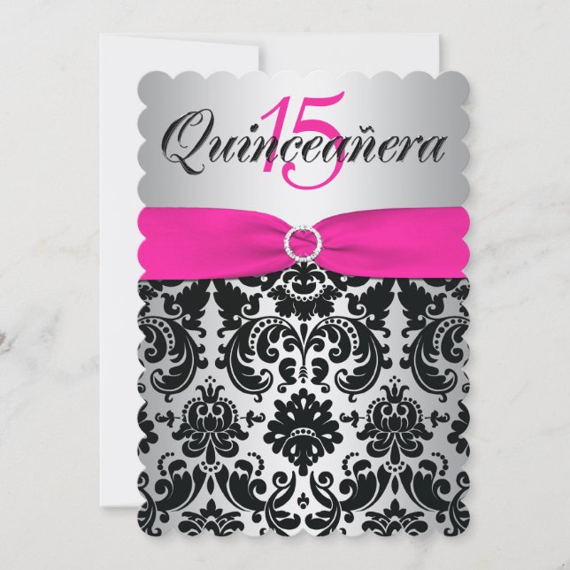 Quinceanera Invite | PRINTED RIBBON Pink, Black (Front)