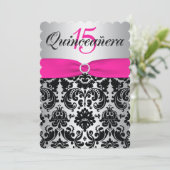 Quinceanera Invite | PRINTED RIBBON Pink, Black (Standing Front)