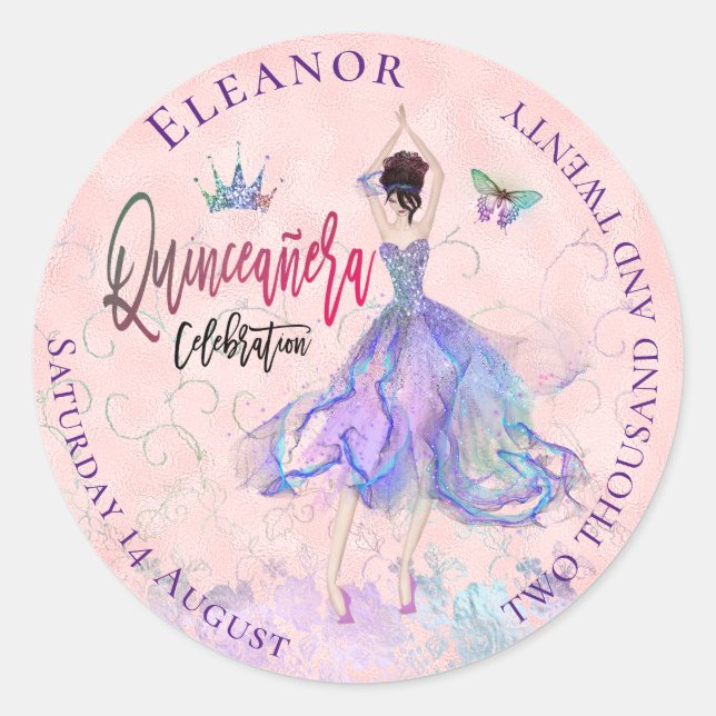 Quinceanera Iridescent Blush Glam Dress Name Date Classic Round Sticker (Front)
