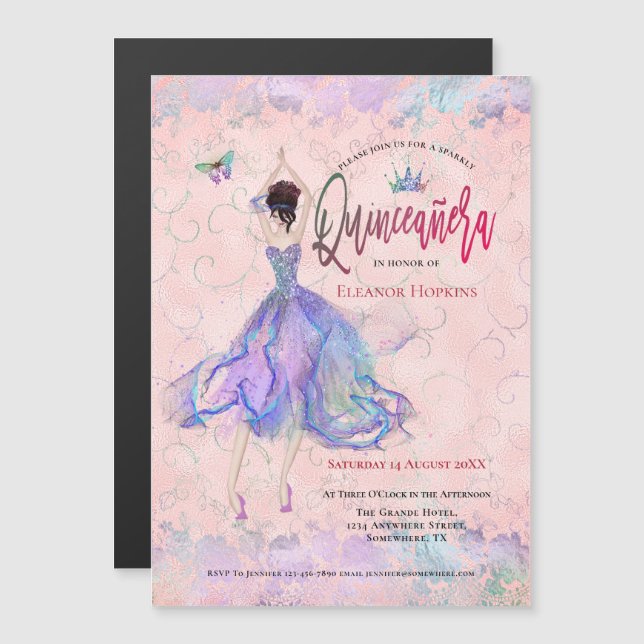 Quinceanera Iridescent Blush Pink Glam Dancing Magnetic Invitation (Front/Back)