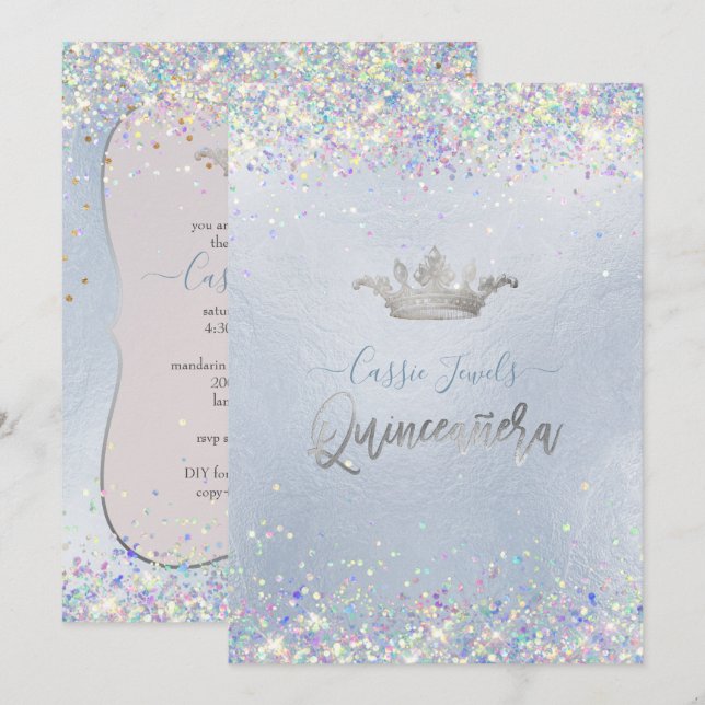 Quinceanera Iridescent Confetti+Princess Crown Invitation (Front/Back)
