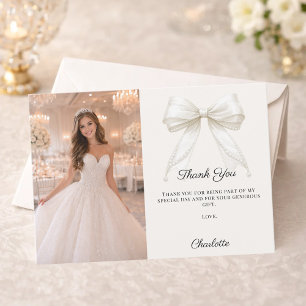 Quinceanera Ivory bow photo pearls elegant Thank You Card