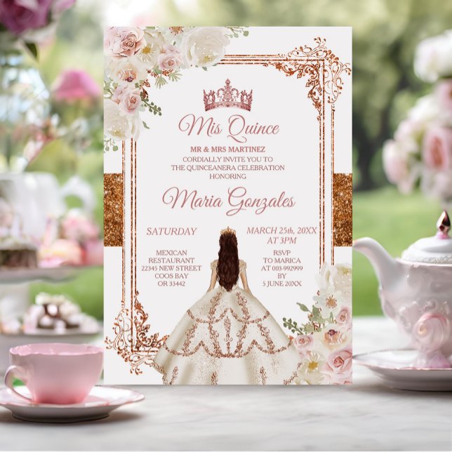 Quinceanera Ivory Cooper Floral Birthday Crown Invitation (Creator Uploaded)