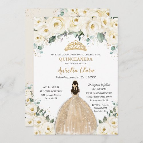 Quinceaera Ivory Floral Champagne Dress Princess Invitation