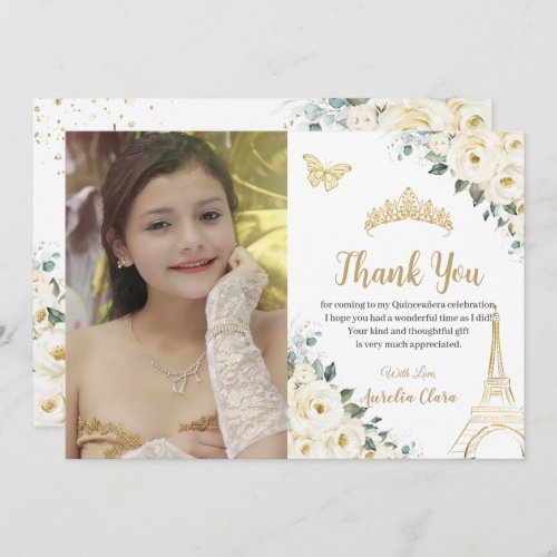 Quinceaera Ivory Floral Paris 16th Birthday Photo Thank You Card