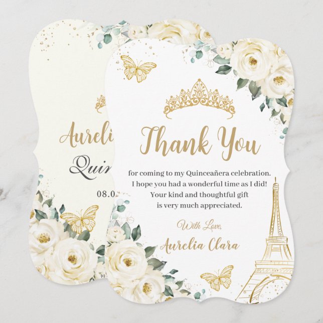 Quinceañera Ivory Floral Paris Eiffel Sweet 16 Thank You Card (Front/Back)
