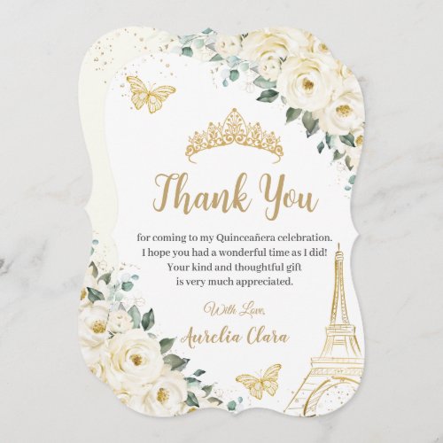 Quinceaera Ivory Floral Paris Eiffel Sweet 16 Thank You Card