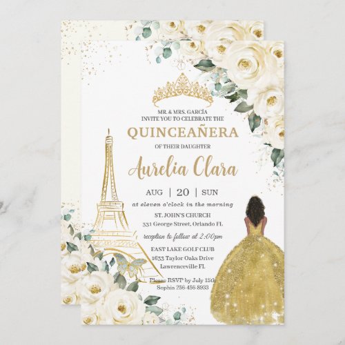 Quinceaera Ivory Floral Paris Gold Brown Princess Invitation