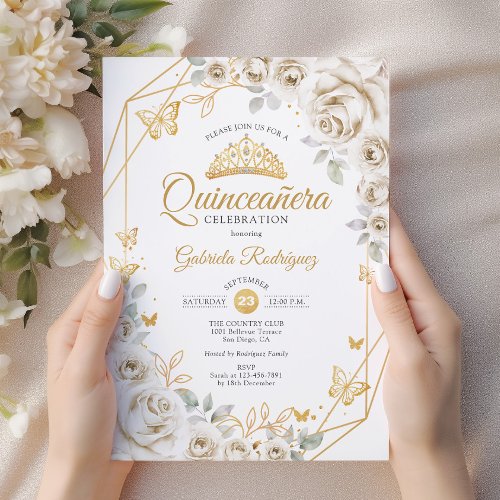 Quinceanera Ivory  Gold Cream Floral Invitation