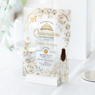Quinceanera Ivory Gold Cream White Floral Dress Acrylic Invitations