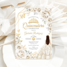 Quinceanera Ivory Gold Cream White Floral Dress