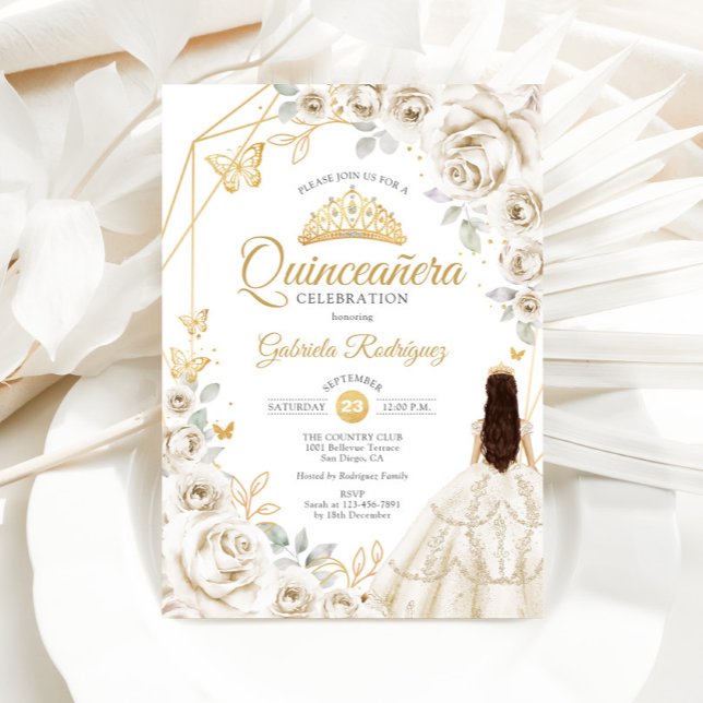 Quinceanera Ivory Gold Cream White Floral Dress Invitation (Creator Uploaded)