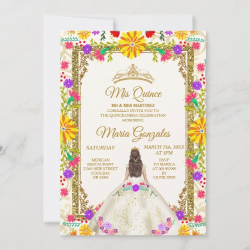 Quinceanera Ivory White Colorful Flowers Birthday Invitation