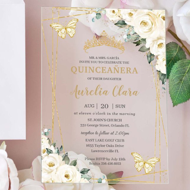 Quinceañera Ivory White Floral Butterflies Crown Acrylic Invitations (white-ivory-floral-flowers-butterflies-gold-quinceanera-budget-friendly-acrylic-invitation)