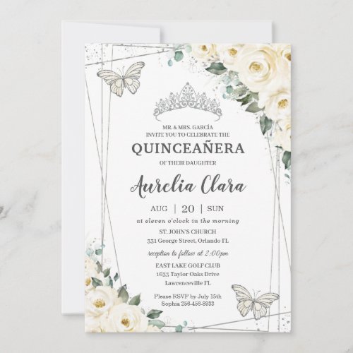 Quinceaera Ivory White Floral Butterflies Crown I Invitation
