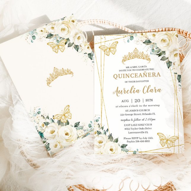 Quinceañera Ivory White Floral Butterflies Crown Invitation