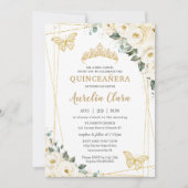Quinceañera Ivory White Floral Butterflies Crown Invitation (Front)