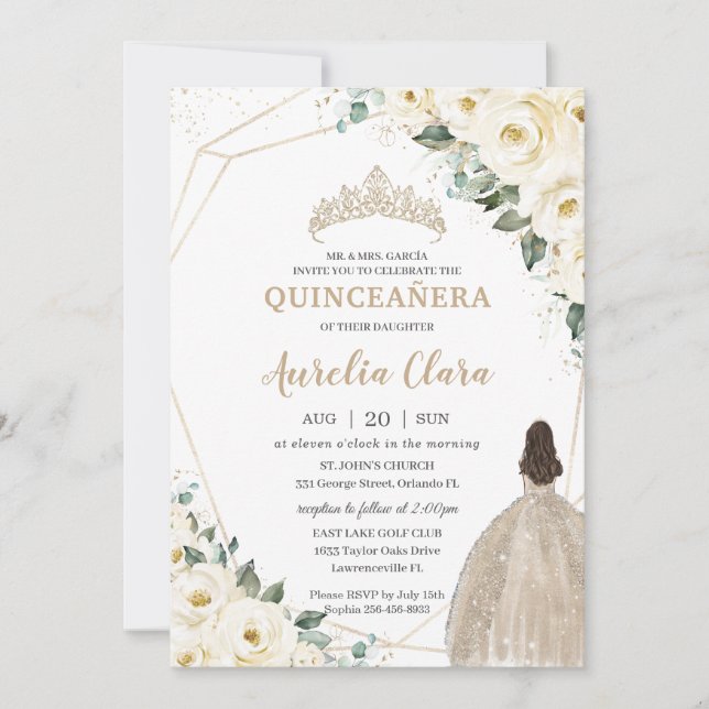 Quinceañera Ivory White Floral Champagne Dress Invitation (Front)