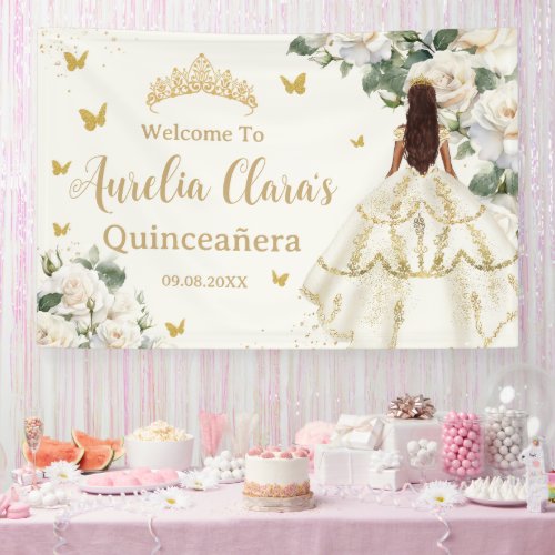 Quinceaera Ivory White Floral Dress Princess Gold Banner