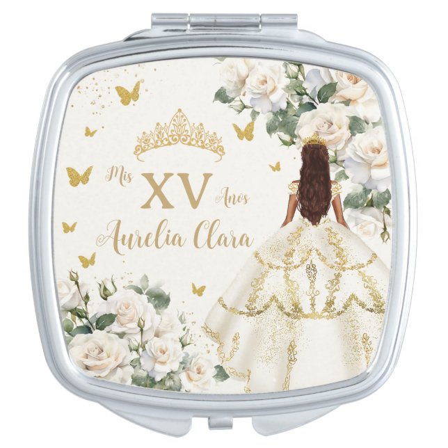 Quinceañera Ivory White Floral Dress Princess Gold Compact Mirror (Front)