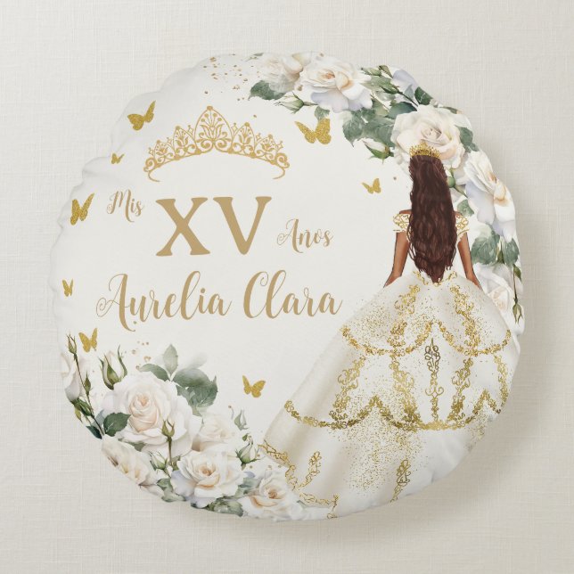 Quinceañera Ivory White Floral Dress Princess Gold Round Pillow (Front)