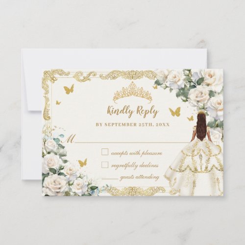 Quinceaera Ivory White Floral Dress Princess Gold RSVP Card