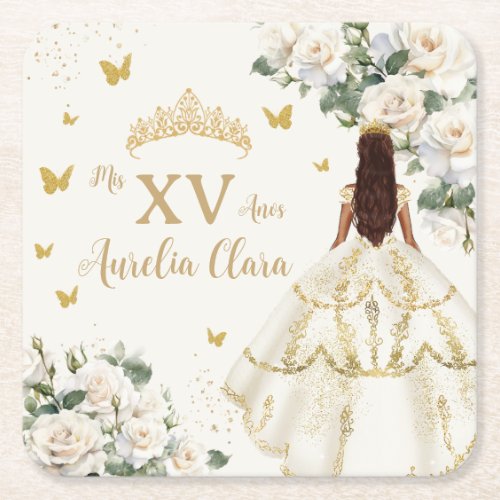 Quinceaera Ivory White Floral Dress Princess Gold Square Paper Coaster