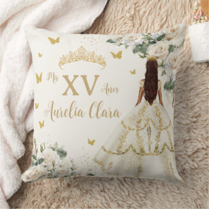 Quinceañera Ivory White Floral Dress Princess Gold Throw Pillow