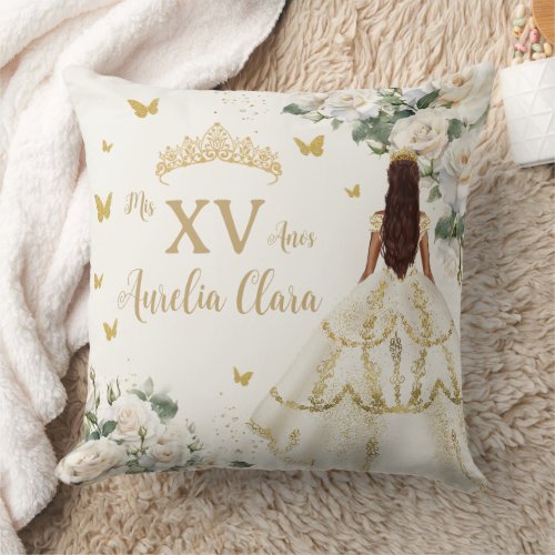 Quinceaera Ivory White Floral Dress Princess Gold Throw Pillow