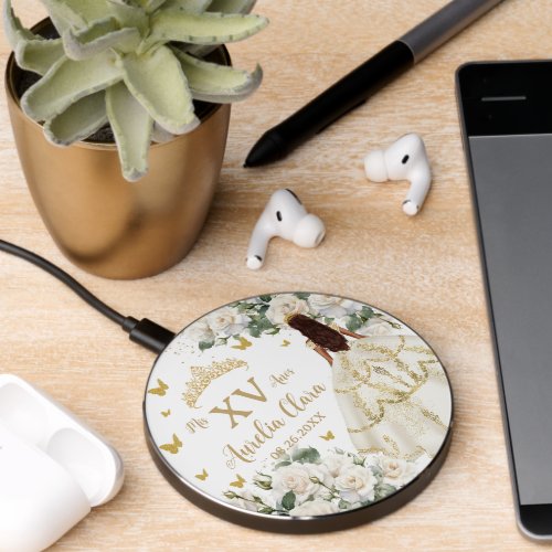 Quinceaera Ivory White Floral Dress Princess Gold Wireless Charger