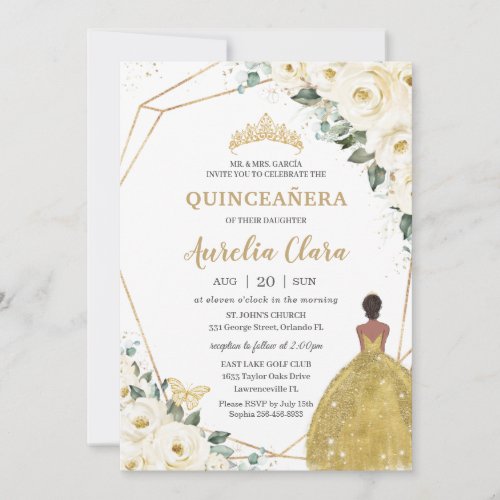 Quinceaera Ivory White Floral Gold Brown Princess Invitation