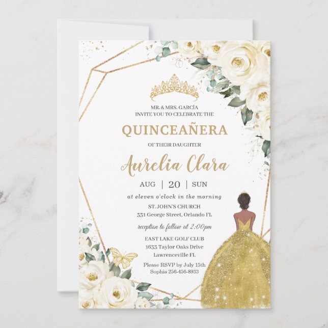 Quinceañera Ivory White Floral Gold Brown Princess Invitation (Front)