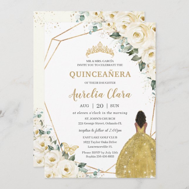 Quinceañera Ivory White Floral Gold Brown Princess Invitation (Front/Back)