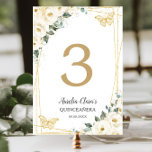 Quinceañera Ivory White Floral Gold Butterflies Table Number<br><div class="desc">Personalize this lovely quinceañera / birthday party / bridal shower / baby shower / wedding table number card easily and quickly,  simply press the customize it button to further re-arrange and format the style and placement of the text.  Matching items available in store!  (c) The Happy Cat Studio</div>
