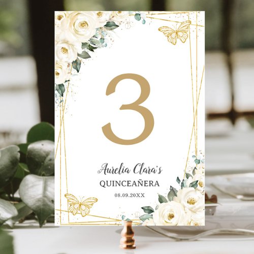 Quinceaera Ivory White Floral Gold Butterflies Table Number