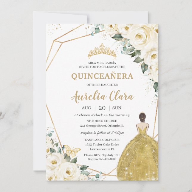Quinceañera Ivory White Floral Gold Dress Princess Invitation (Front)