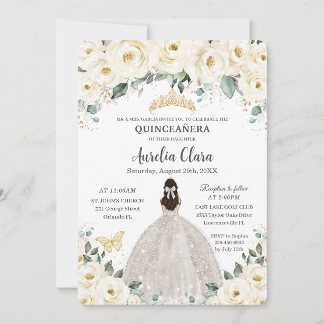 Quinceañera Ivory White Floral Gold Tiara Dress Invitation (Front)