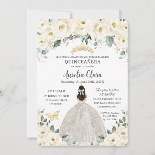 Quinceaera Ivory White Floral Gold Tiara Dress Invitation