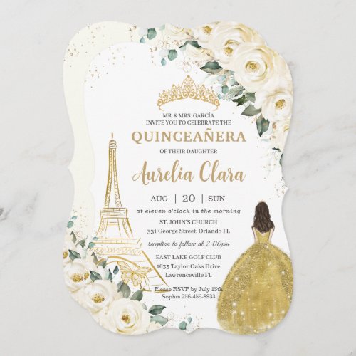 Quinceaera Ivory White Floral Paris Gold Princess Invitation